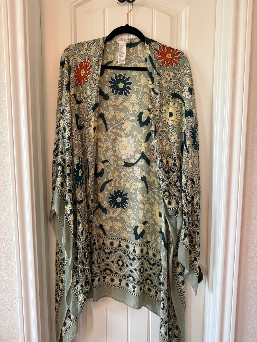 Free People Olive Green Floral Print Draped Kimono with Rust Accents